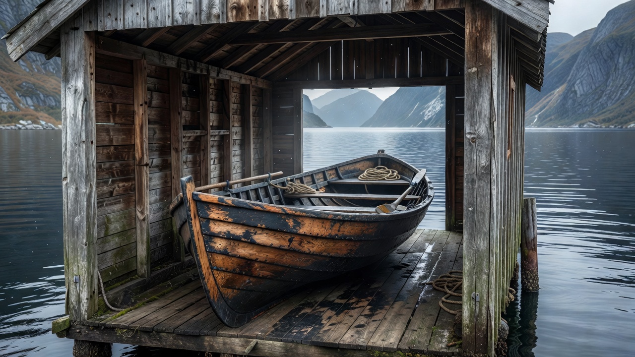 Traditional tarred pine clinker rowboat resting inside a weathered wooden Norwegian boathouse by the fjord